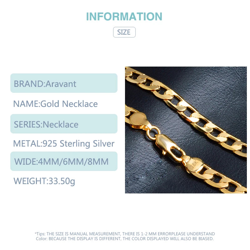 Aravant 925 Silver 4MM/6MM/8MM 18K Gold Flat Necklace Chains For Men Women Fashion Jewelry