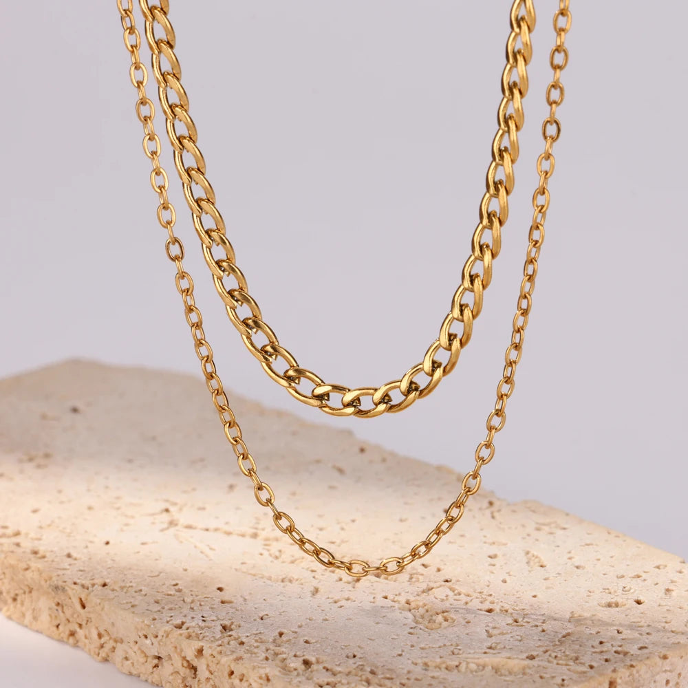 Gold Color Combo Necklace For Women Fashion Stainless Steel Double Layer Chains Jewelry Accessories Making Diy Handmade Supplies