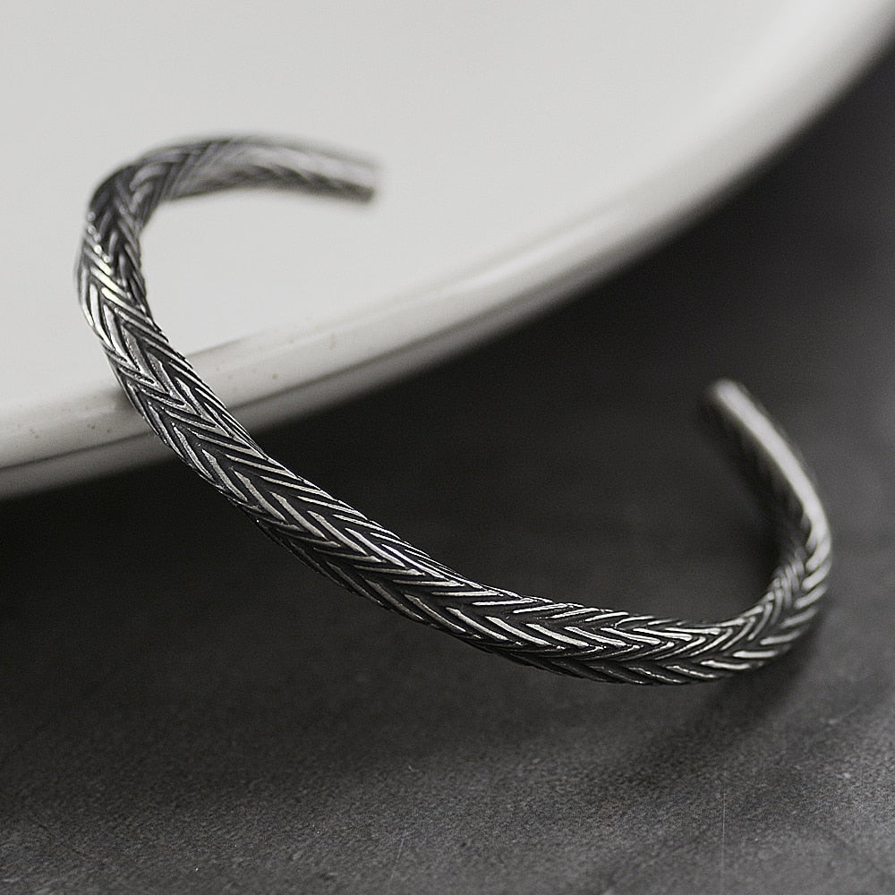 Men Fashion Vintage Casual Party Jewelry Gifts Silver Plated Trend Men Bracelet Simple Twist Braided Bangle Feather Bangle